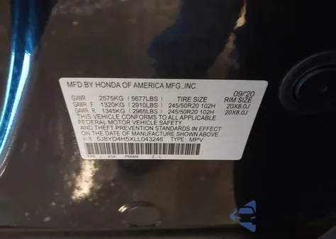 2020 Acura Mdx Technology Package from USA, damaged, VIN 5J8YD4H5XLL043246